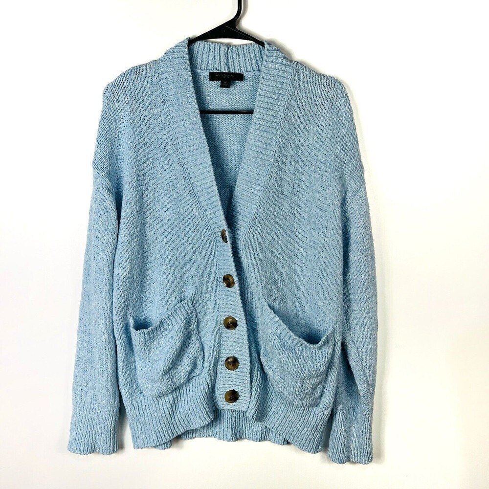 Ann Taylor Cardigan Women Size M Petite Blue‎ Knit Slouchy Large Button V Neck